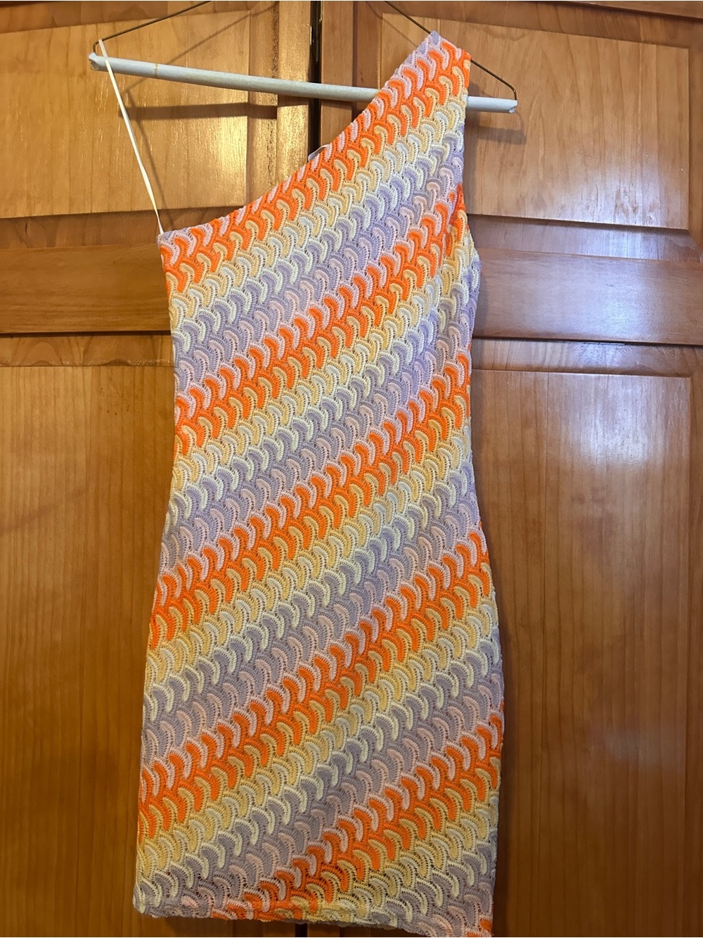 One-Shoulder Crochet Bodycon Dress in Orange, Lavender & Cream NWT Small - Picture 5 of 9
